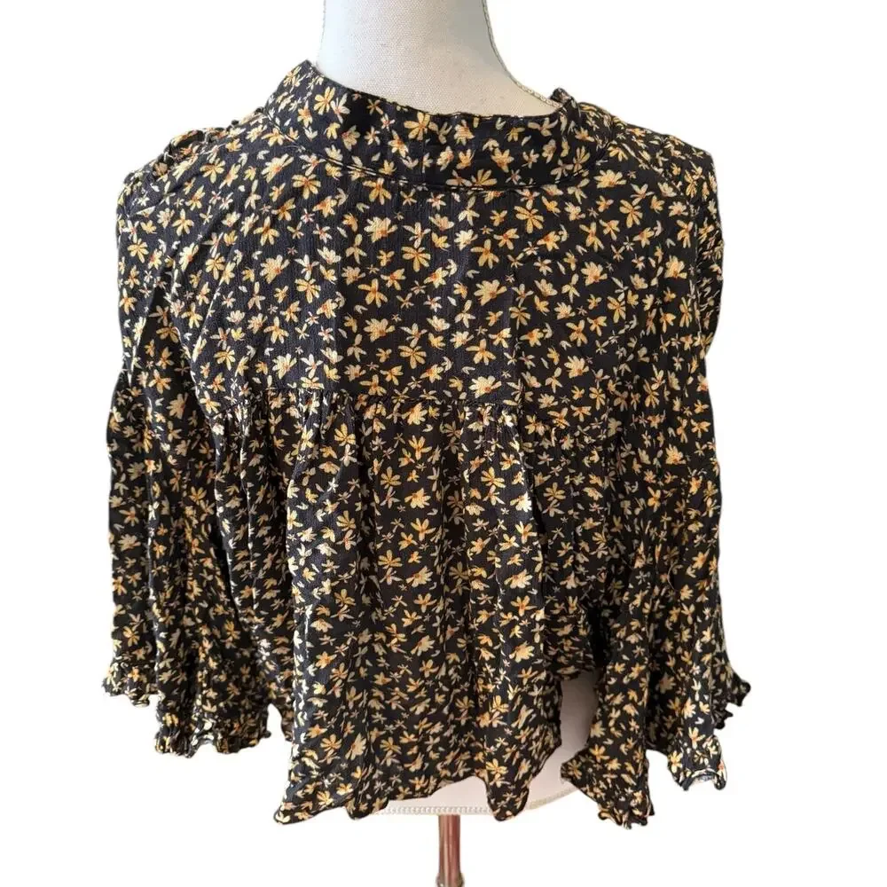 Free People Calisto Bed Jacket Tie Front Top Blackbird Combo XS